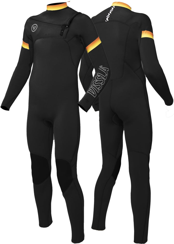 Vissla Boys black 7 Seas Raditude 3-2 Full Chest Zip Wetsuit. Front and Back View.