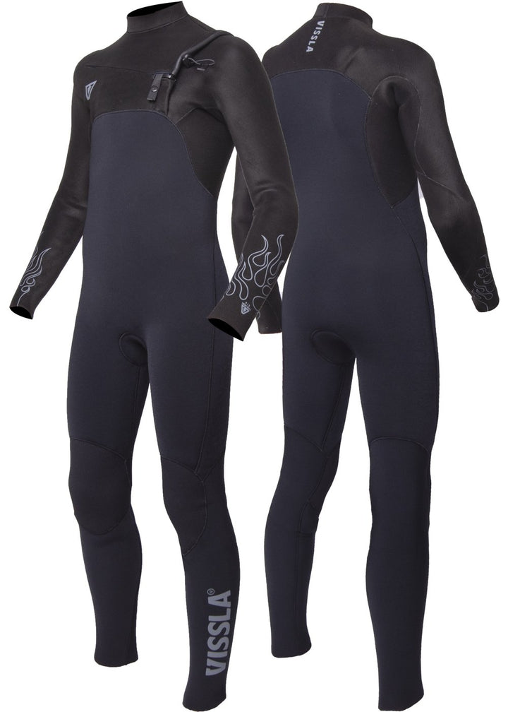 Vissla Boys Navy High Seas Fire 3-2 Full Chest Zip Wetsuit. Front and Back View.