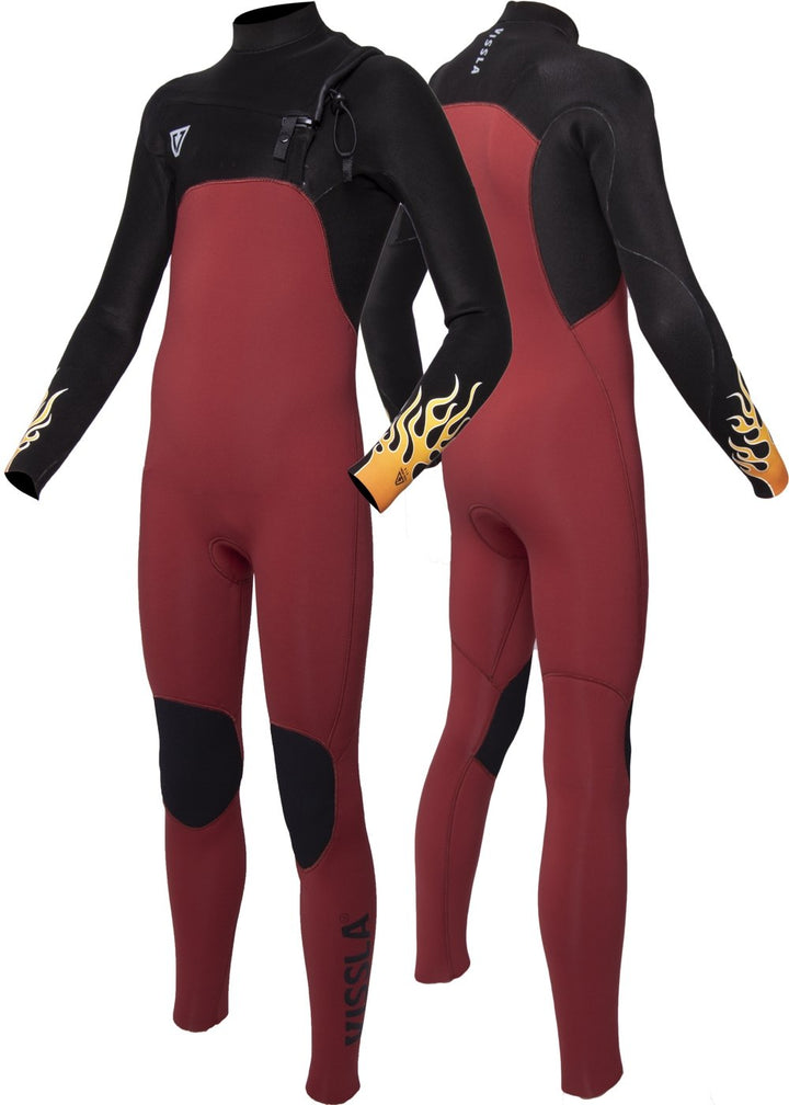 Vissla Boys Red High Seas Fire 3-2 Full Chest Zip Wetsuit. Front and Back View.